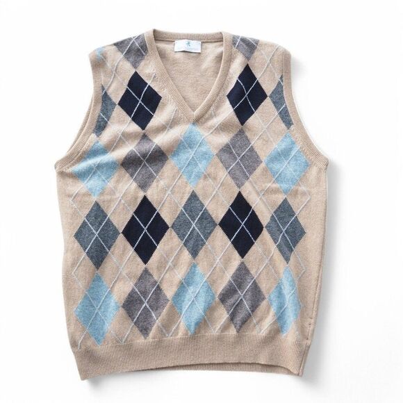 Scott & Charters Lambswool Argyle Sweater Vest Made in Scotland Beige Men's M - Picture 1 of 8